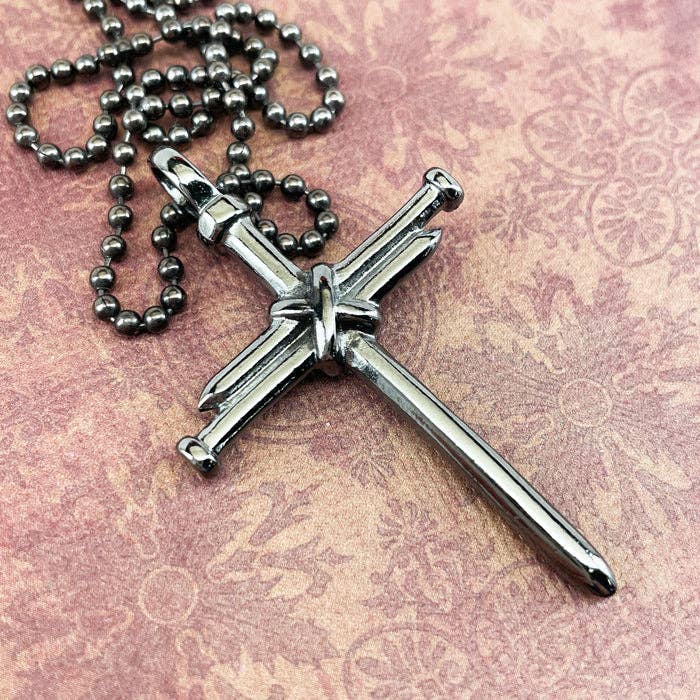 Nail Cross Gunmetal Finish Ball Chain Necklace