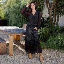 Charcoal Boho Embroidered Ruffle Maxi Smocked Dress with Sheer Sleeves