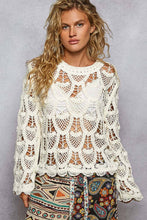 Ivory Round neck long sleeve solid crochet POL top
