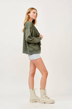 Green Washed Button-Front Cardigan Jacket with Pockets