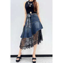 Blue Asymmetrical Denim & Lace Skirt with Belt