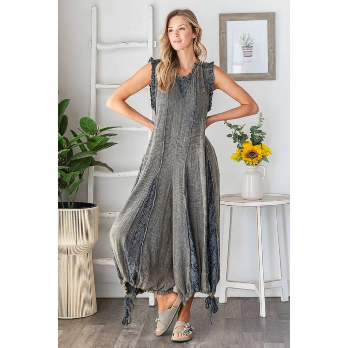 Navy Charcoal Washed Ruffle Cotton Gauze Oli+Hali Romper