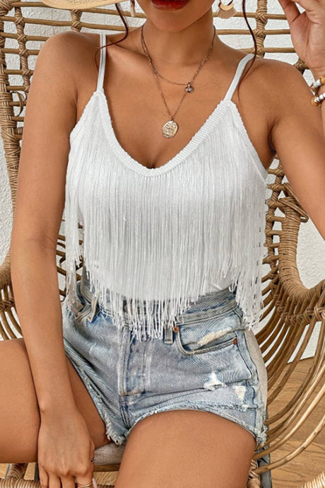 White Fringe Sleeveless Boho Tank Top