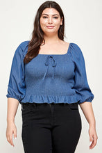 Blue Plus Size Smocked Chambray Peplum Top