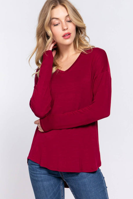 Ruby Burgundy Long Dolman Sleeve V-neck Rayon Span Jersey Top
