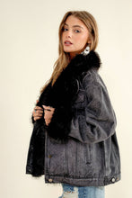 Washed Black Fur Collard Cuff Over sized Denim Jacket