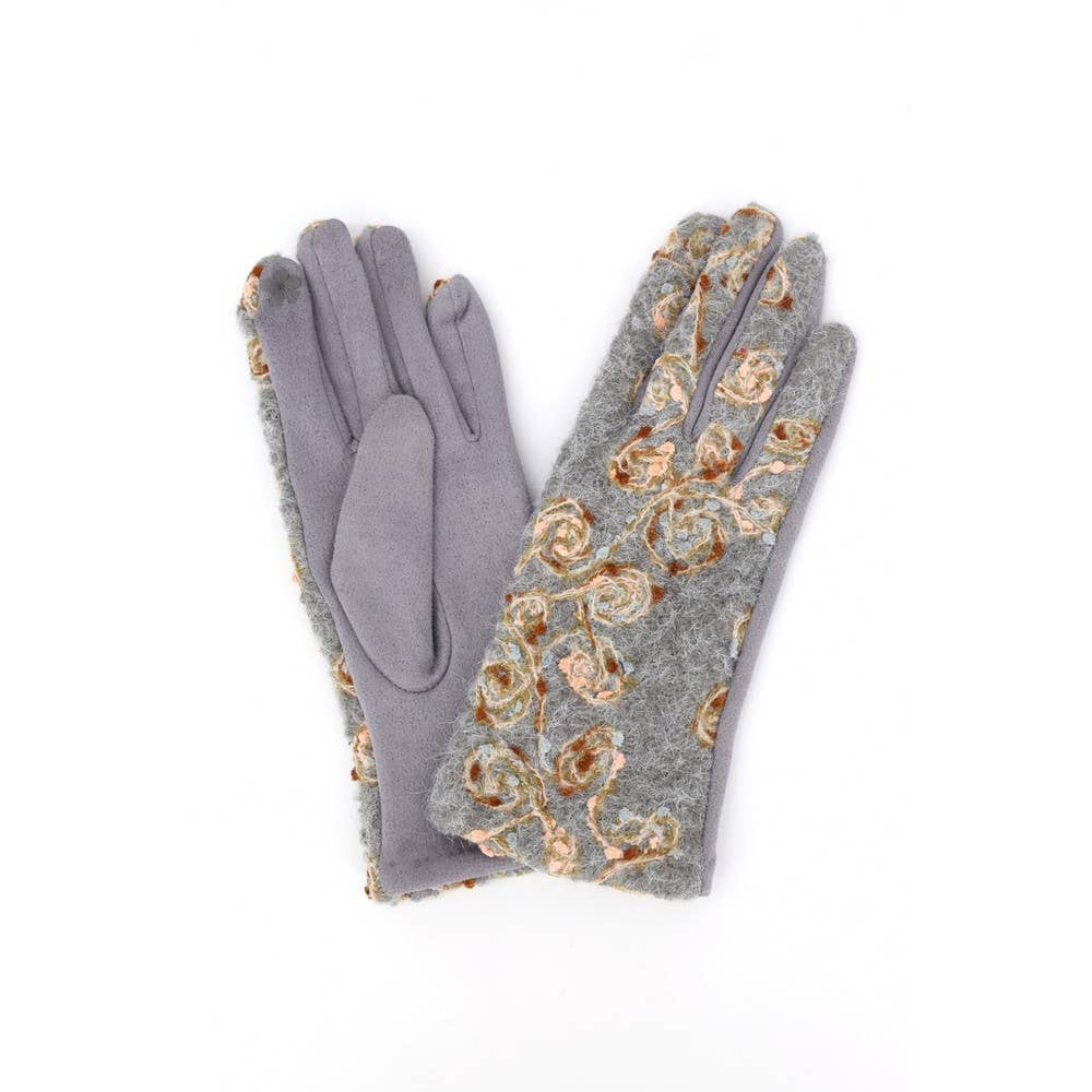 Grey Rosette Embroidered Knit Touchscreen Gloves