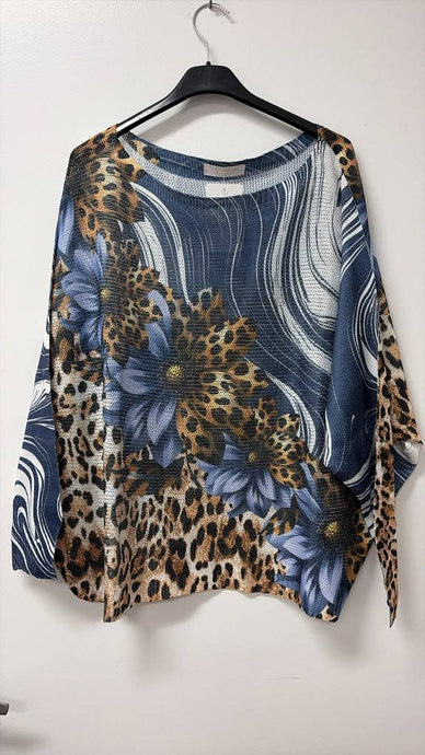Navy Leopard Daisy Swirl Print Knit Sweater