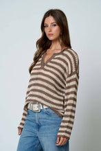 STRIPE RAW EDGE SPLIT NECK SHEER KNIT SWEATER : LIGHT BLUE