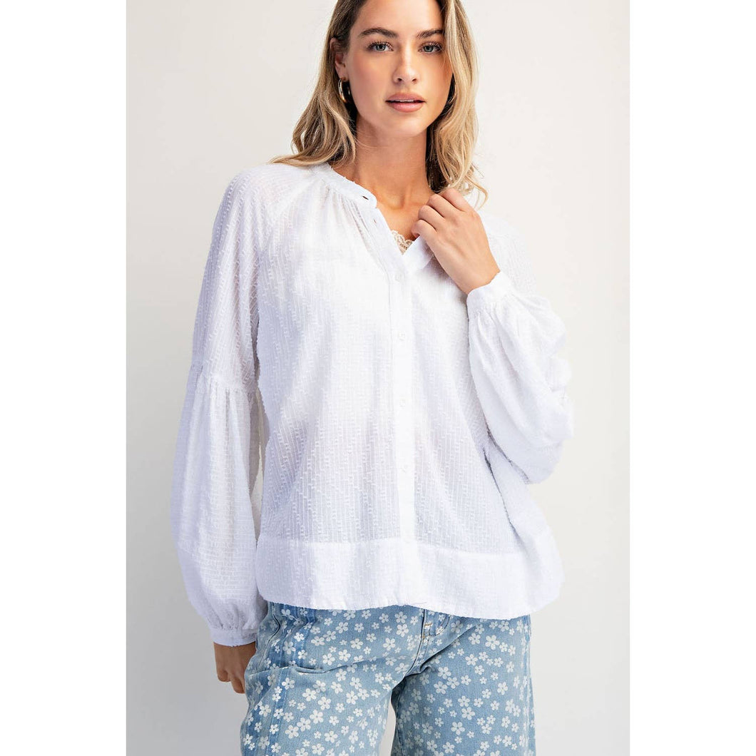 White Shirred Balloon Sleeve Top