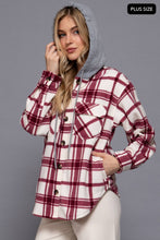 Ivory Wine Plus Long Slv Plaid Button Down Hoodie Fleece Jacket
