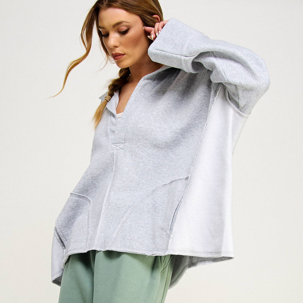 Heather Grey V Neck Polo Oversized Sweatshirt Pullover