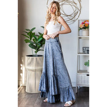 Light Denim Washed Wide Leg Ruffled Hem Tencel Oli+Hali Pants