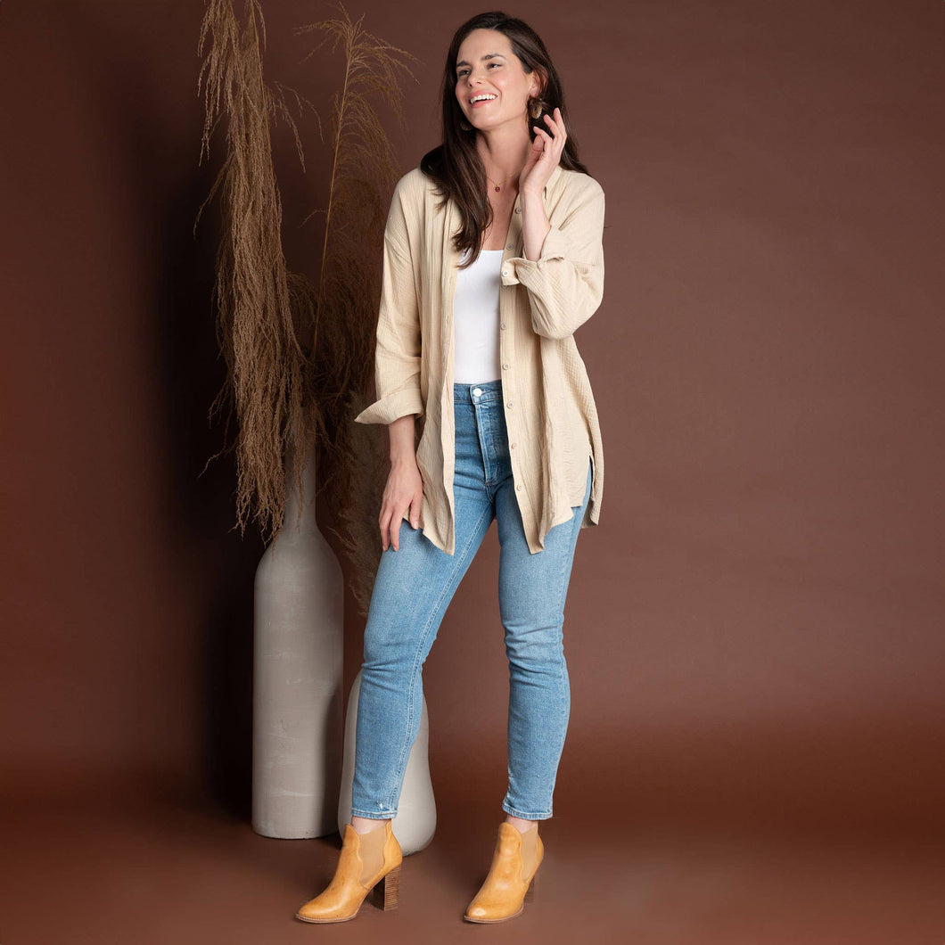 Sand Button Up Top Aaliyah Gauze Long Sleeve