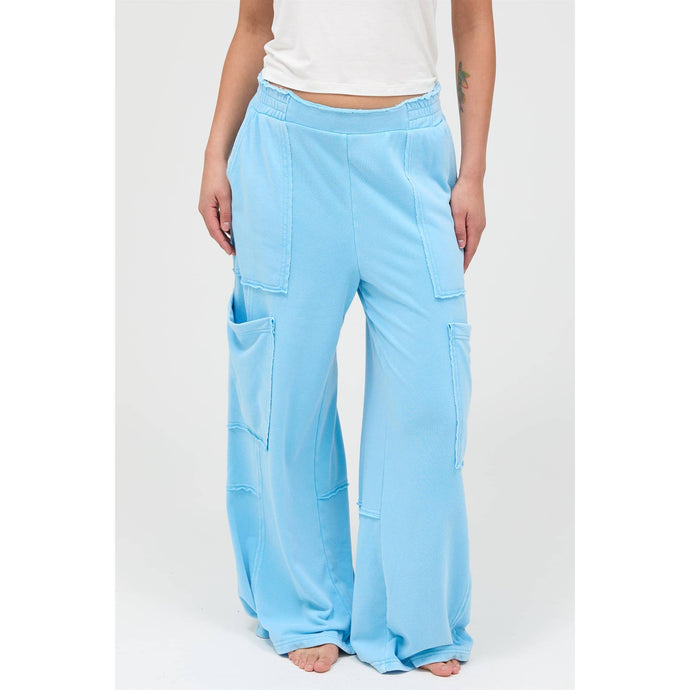 Blue Mineral Wash Wide Leg Cargo Pants