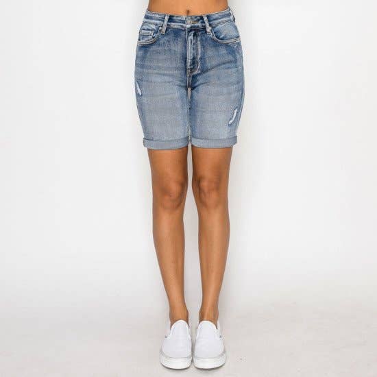 Medium Wash Plus Cuffed Bermuda Stretch Denim Shorts