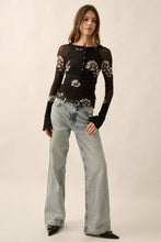 Black Floral-Print Mesh Raglan-Sleeve Henley Top