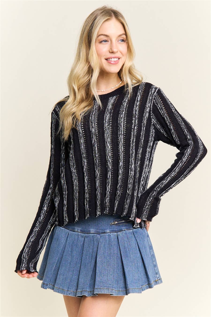 Black Vertical Textured Stripe Sweater