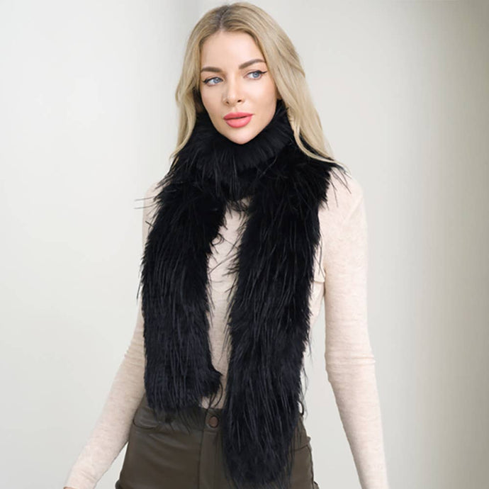 Black Fluffy Faux Long Fur Long Wrap Scarf