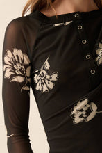 Black Floral-Print Mesh Raglan-Sleeve Henley Top