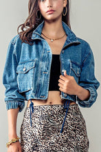 Blue Utility Cropped Drawstring Hem Stand Collar Denim Urban Daizy Jacket
