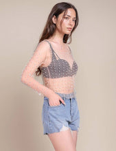 Nude Pearl Rhinestone Studded See Through Mesh Crop Top
