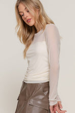 Peach Long Sleeve Crew Neck Side Ruched Detail Mesh Top