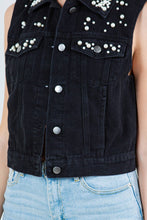 Black Embellished Pearl Beaded Denim Vest