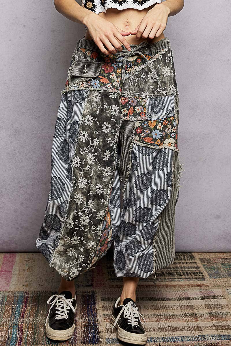 Black Jacquard Floral Twill Patch Waist Loop Jogger POL Pants