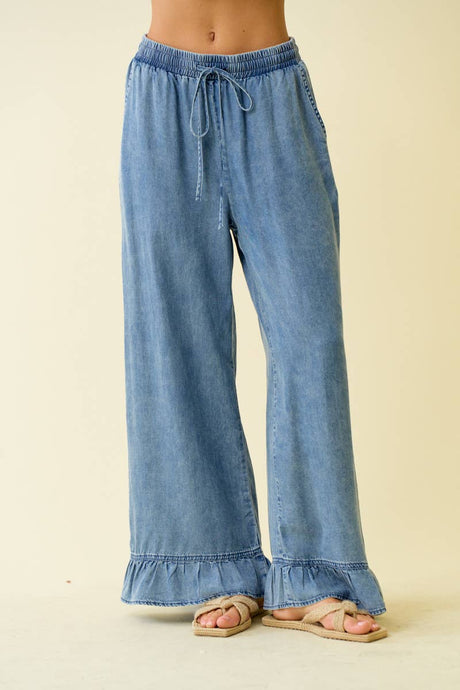 Denim Ruffle Bottom Wide Leg Pants