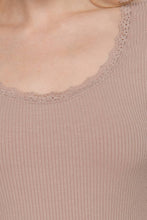 Khaki Long Sleeve Scoop Neck with Lace Trim Rib Knit Top
