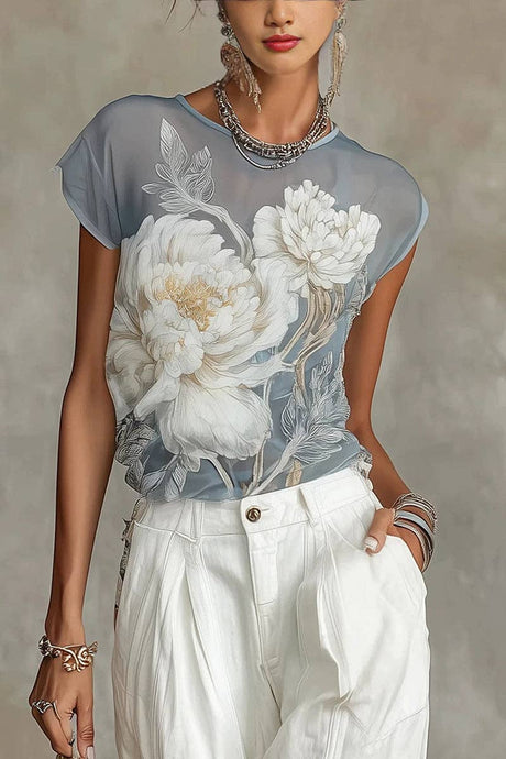 Grey Floral Sheer Round Neck T-Shirt