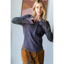 Navy Washed Textured Contrast Snap Button Cuff Oli+Hali Top