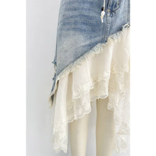 White Blue Asymmetrical Denim Lace Layered Skirt Set