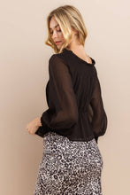 Black Smocked Neck Sheer Sleeve Blouse Top