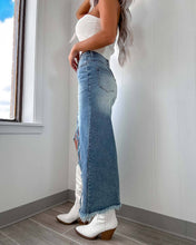 Blue High-Waisted Asymmetrical Frayed Denim Skirt