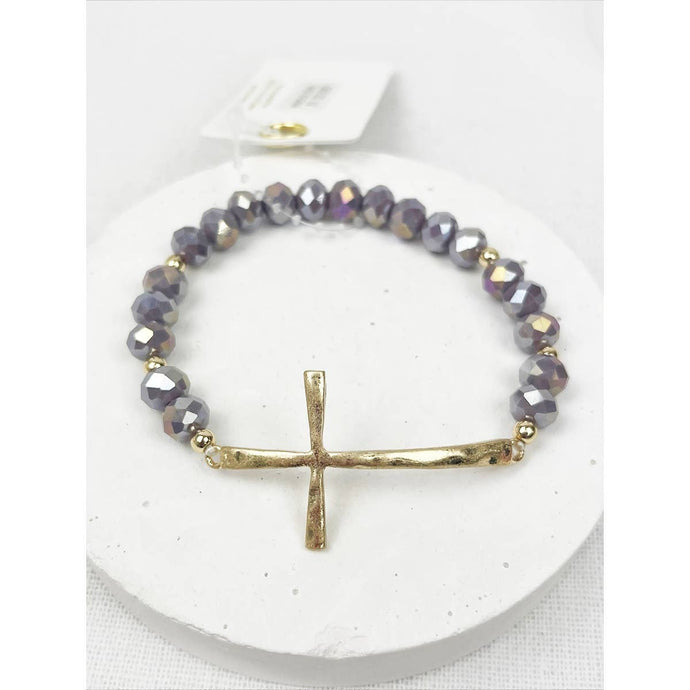Lavender Hammered Cross Crystal Mix Beads Bracelet