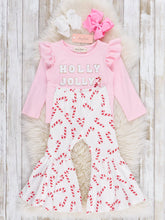 "Holly Jolly" Candy Cane Ruffle Bell Bottom Kids Outfit