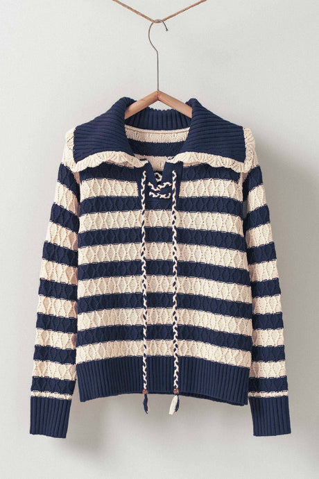 Lace-Up Cable Knit Striped Sweater Navy