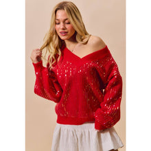 Red Christmas Sequins V Neck Sweater