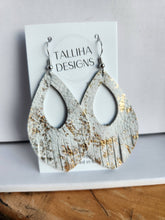 White & Gold Western Boho Genuine Leather Fringe Earrings