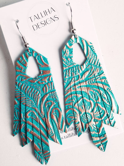 Turquoise & Rose Gold Genuine Leather Boho Western Earrings