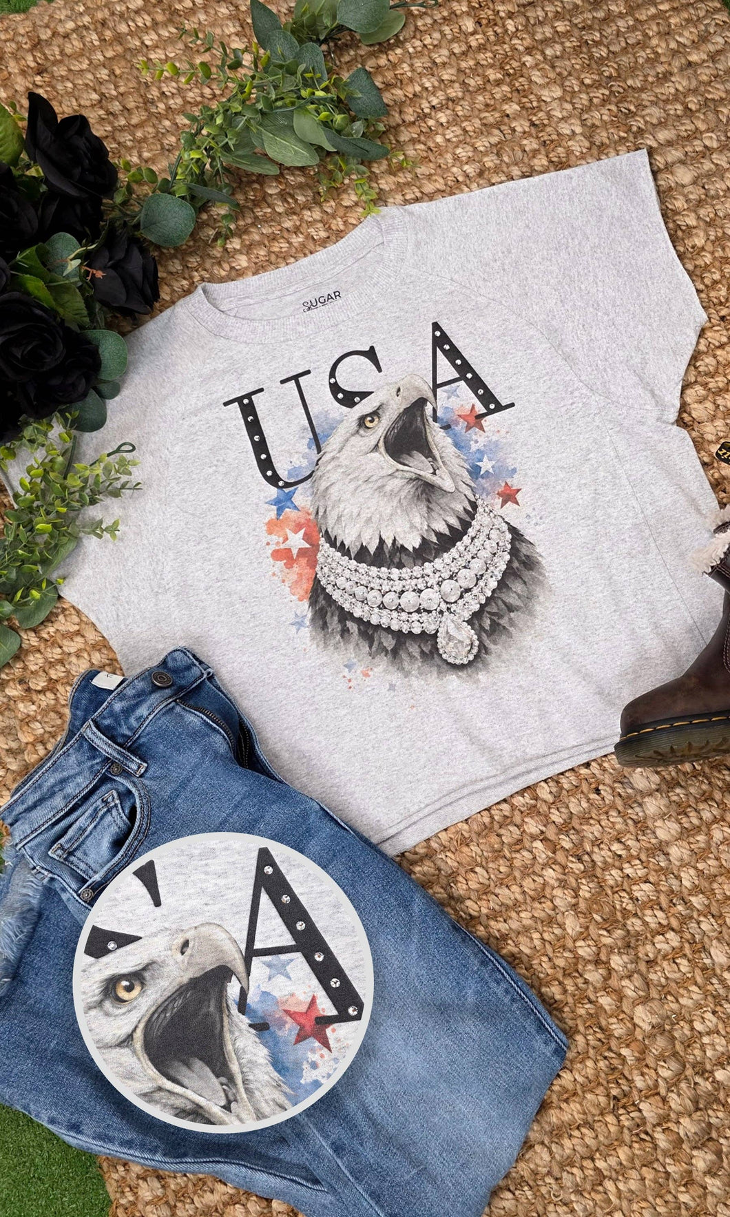 Eagle USA with Rhinestones Graphic Edgy Shirt