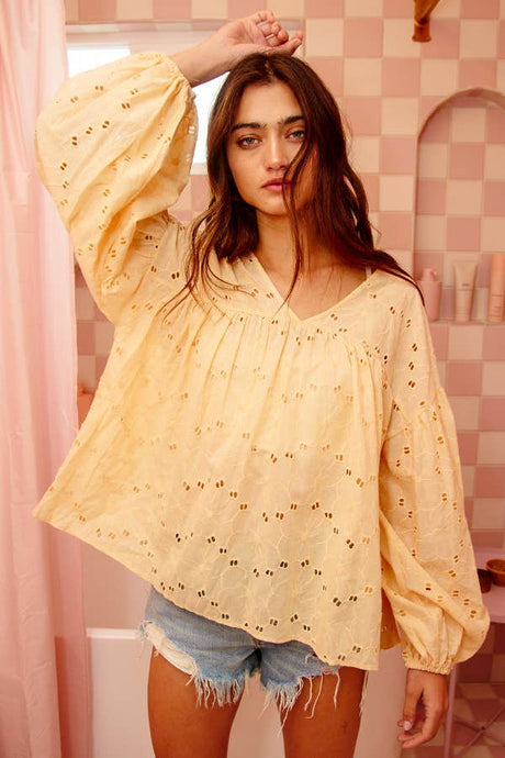 Light Peach Puff Sleeve Eyelet Lace Babydoll Bucketlist Tunic