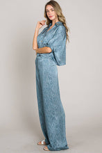 Blue Short sleeve button down crop satin shirt