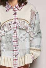 Cream Red Multi Floral Embroidery Trim Ruffle Button-Down Classic POL Shirt