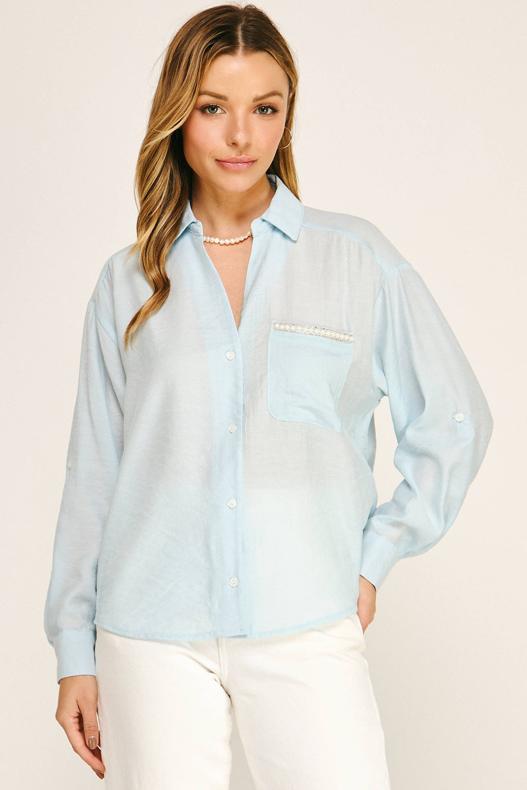 Light Blue Pearl Pocket Relaxed Button Down Blouse
