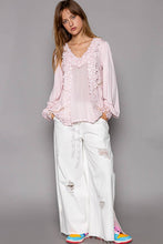 Blush Long sleeve contrast floral lace crochet detail v-neck POL top