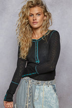 Black Round neck solid cut and sew knit mix knit POL top