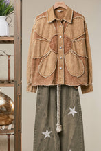 Khaki Corduroy Flower Appliqué Shirt Jacket